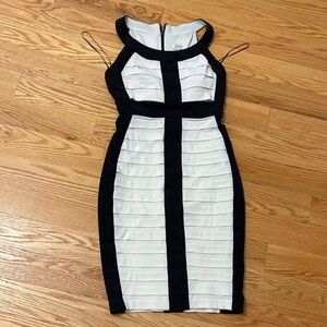 Cache Black and White Striped Midi Dress